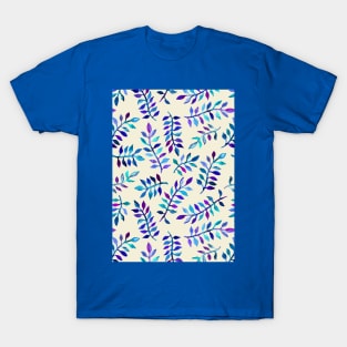 Hand Painted Purple & Aqua Leaf Pattern on Cream T-Shirt